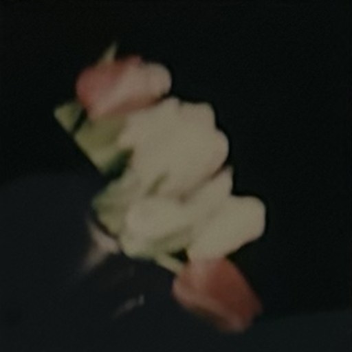 A polaroid of pale blossoms and a pink bud against a dark background.